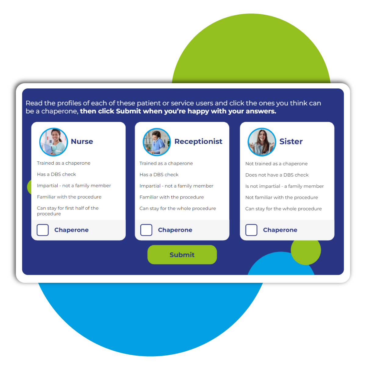 Interactive eLearning scenario asking learners to choose appropriate chaperones in a healthcare environment.