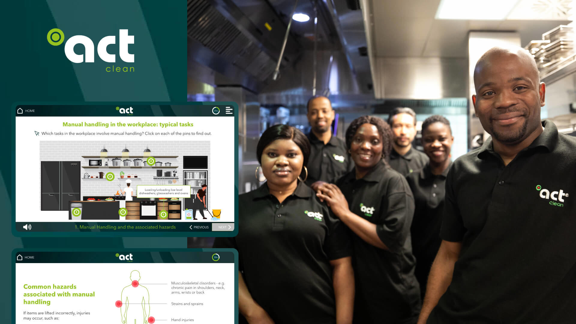 Team of Act-Clean hospitality professionals with interactive training modules on screen, showcasing workplace learning through eLearning for Hospitality.