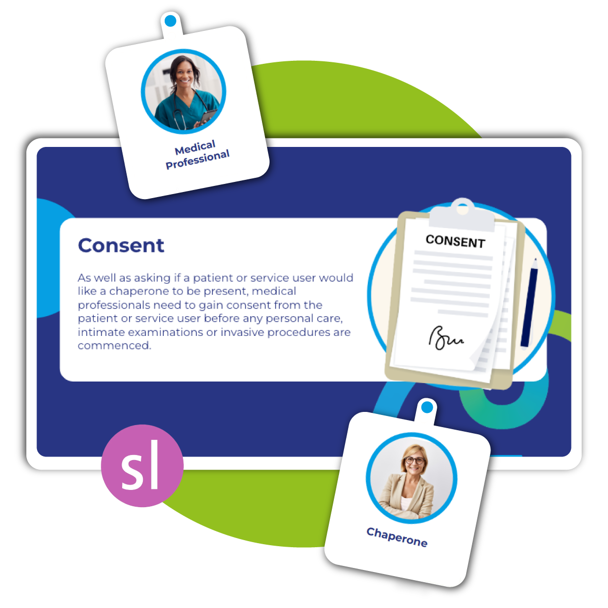 eLearning module slide explaining patient consent and chaperone responsibilities in healthcare settings.