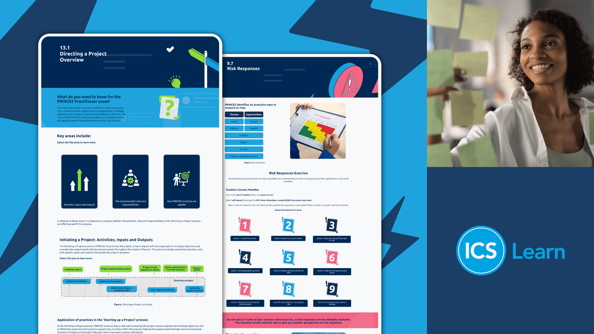 ICS Learn eLearning interface showing project management modules on directing a project and risk responses.