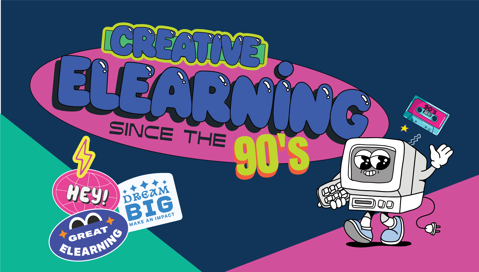 Retro-styled banner reading "Creative eLearning Since the 90's" with a cartoon computer character and 90s-themed stickers