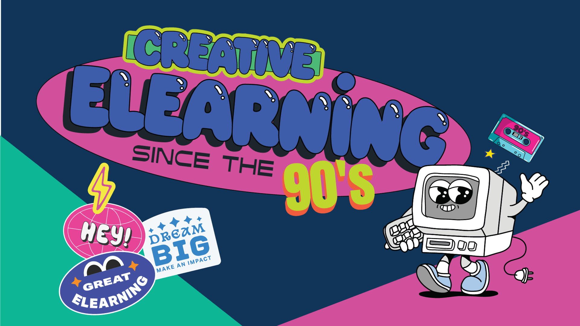 Retro-styled banner reading "Creative eLearning Since the 90's" with a cartoon computer character and 90s-themed stickers
