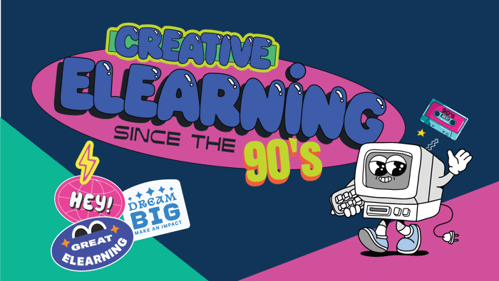 Retro-styled banner reading "Creative eLearning Since the 90's" with a cartoon computer character and 90s-themed stickers