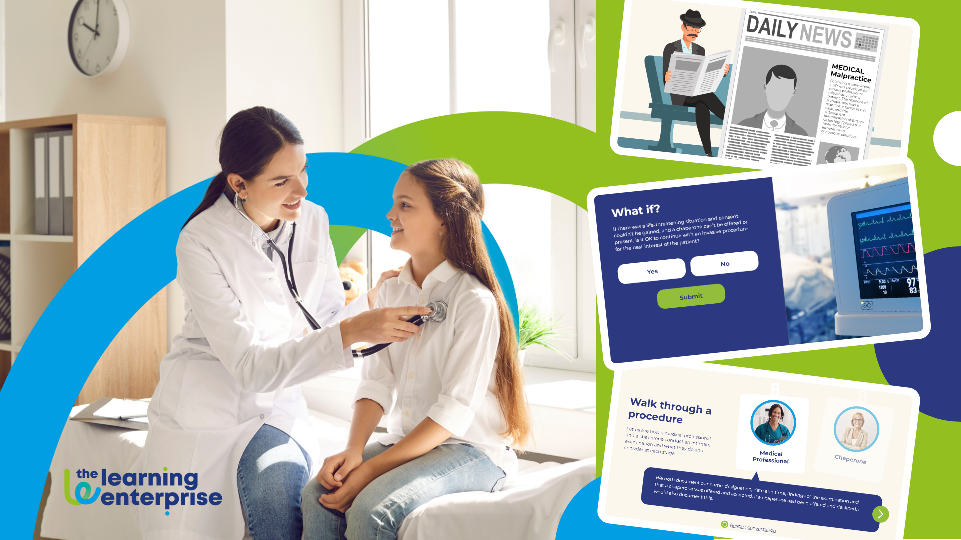 Visual collage combining a healthcare consultation and eLearning content on consent and procedures, promoting comprehensive eLearning for Healthcare.