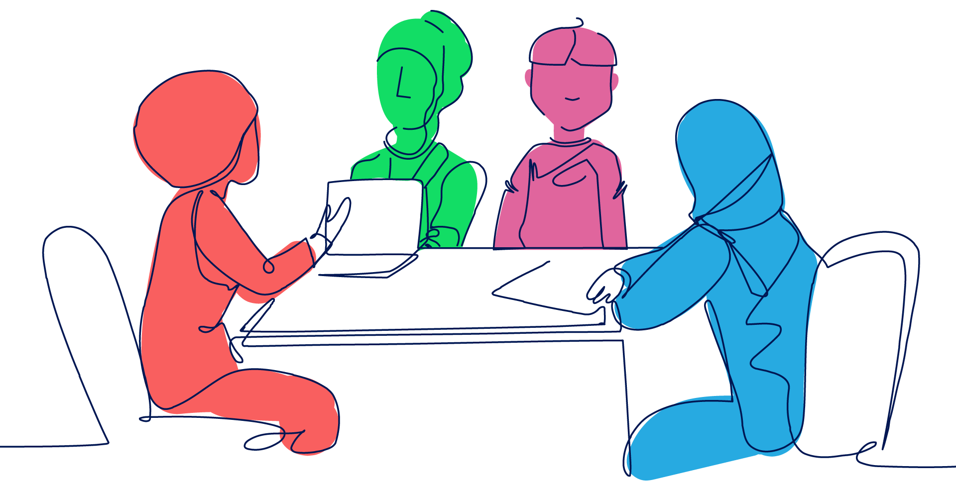 Illustrated group discussion scene representing collaborative eLearning in healthcare settings