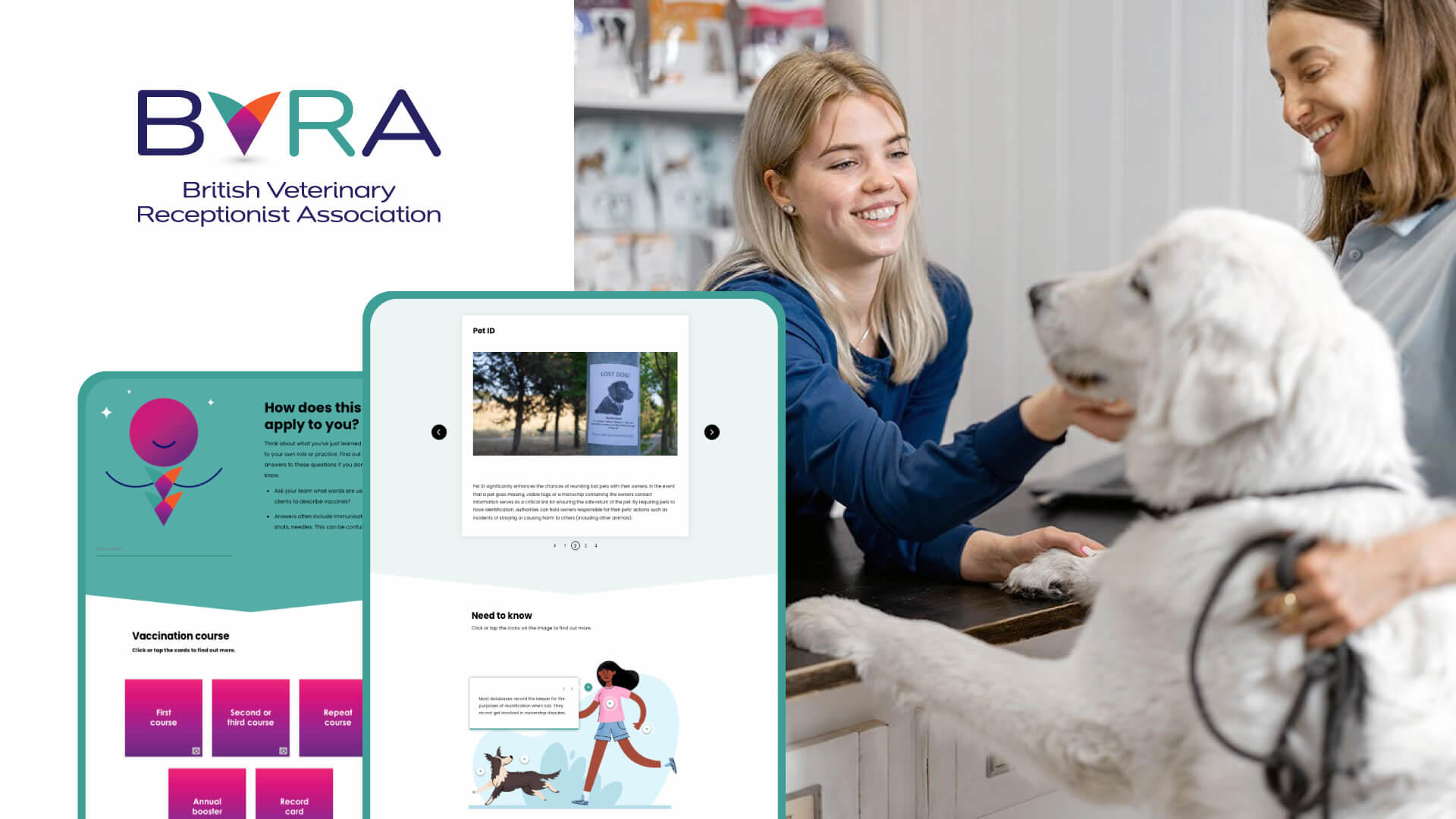 Smiling veterinary receptionists greeting a dog at the clinic front desk, highlighting customer service skills in eLearning for Veterinary Receptionists.