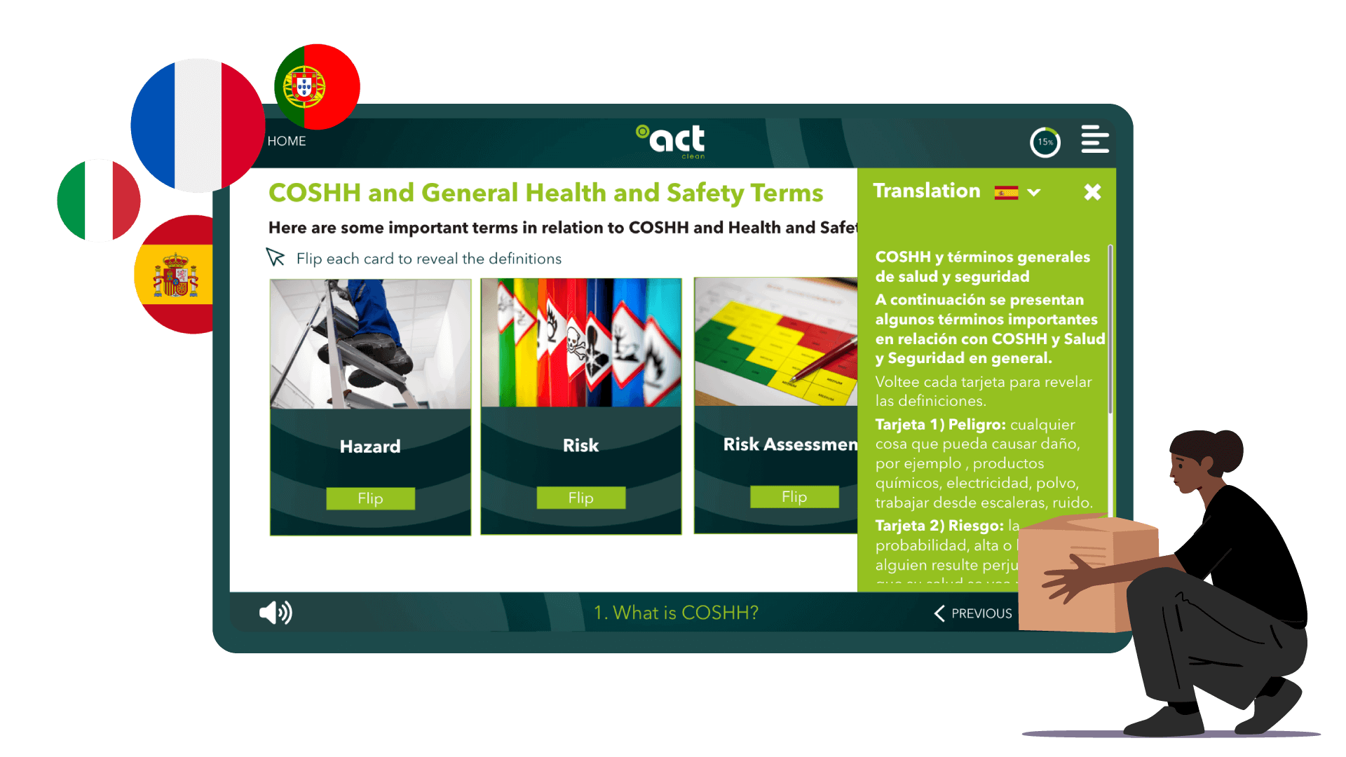 Interactive eLearning module explaining COSHH health and safety terms in multiple languages, supporting diverse learners in Hospitality training.