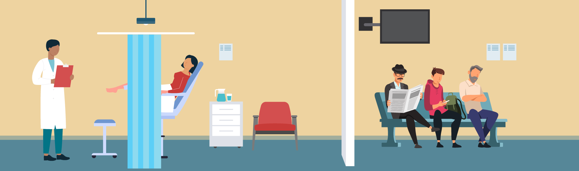 Illustration showing a patient undergoing an exam behind a curtain while others wait in the clinic, used in eLearning to highlight privacy and professionalism in healthcare.